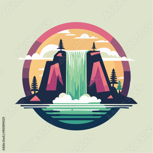 Stylized vector illustration of a waterfall cascading down a rocky cliff into a pool of water, set against a colorful sky.