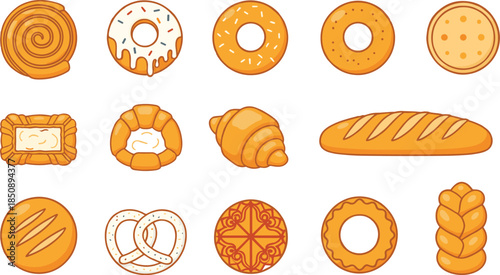 Set of flat vector bakery icons featuring croissants donuts pretzels baguettes and fresh bread rolls for cafe branding.