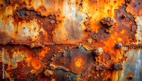 Weathered Texture: An up-close shot showcases the intense texture of rust and corrosion on an old metal surface, narrating a story of time's passage.