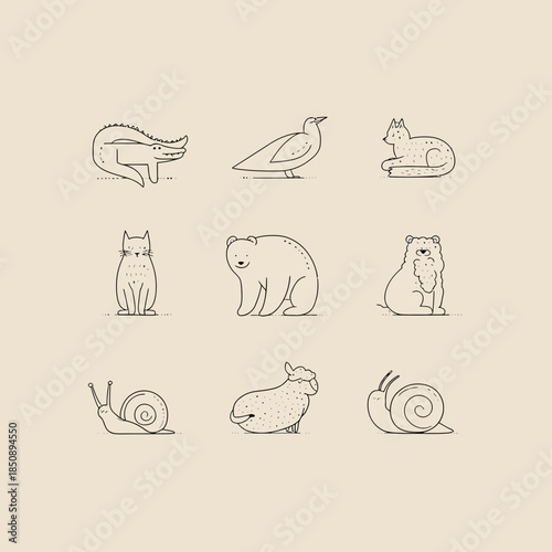 Outlined animal illustrations crocodile bird cat bear sheep and snail