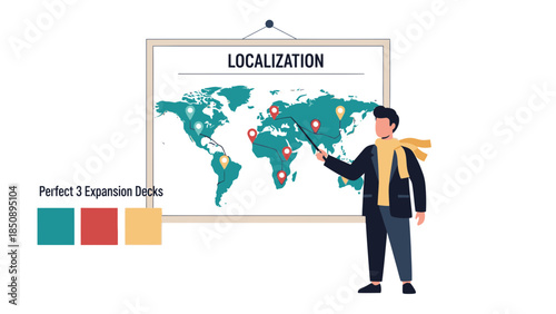 illustration of a person presenting a world map and localization points with a discussion about