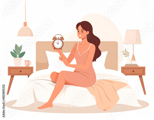 A smiling woman in a nightgown sits on her bed holding an alarm clock, ready to start her day.