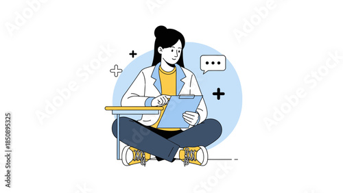 Young woman freelance worker sitting cross-legged using laptop and chatting online