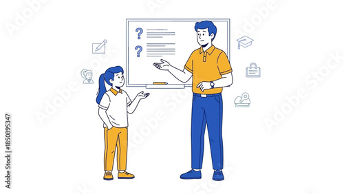 educator teaching a young student in a classroom setting with visual aids and icons