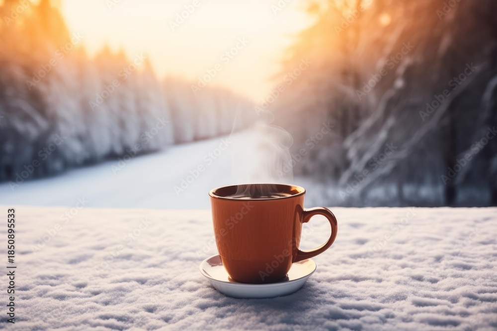 Obraz premium Orange cup of hot coffee standing on snow with steam rising against a beautiful winter forest at sunset