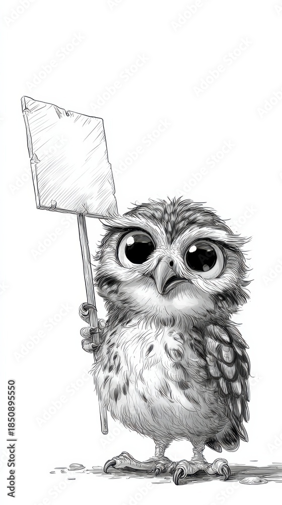 Obraz premium Wise Owl with a Message: An adorable owl stands with a blank sign, its large eyes conveying a sense of curiosity and wisdom, inviting viewers to ponder the possibilities. 