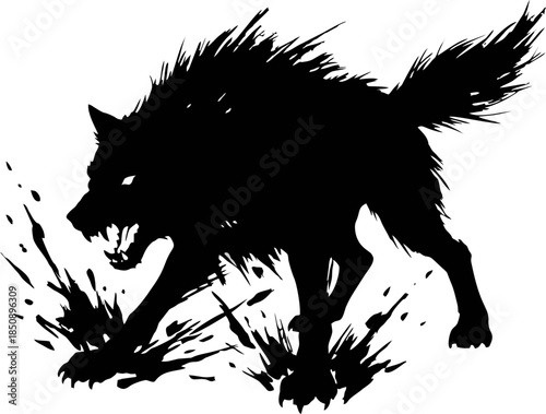Angry Wolf Snarling Silhouette. Rough Ink Grunge Vector for Aggression Symbol