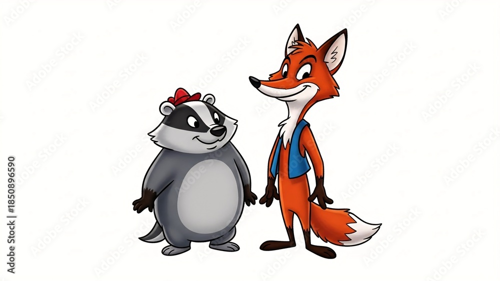 Obraz premium Floating 2D fox plays violin while hedgehog juggles stars around crescent moon in dreamy pastel night sky. 