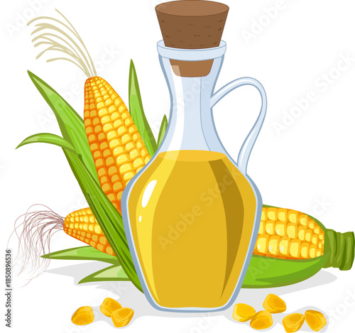 Pure corn oil in a glass container.Color vector illustration with corn oil in a bottle and corn cobs.