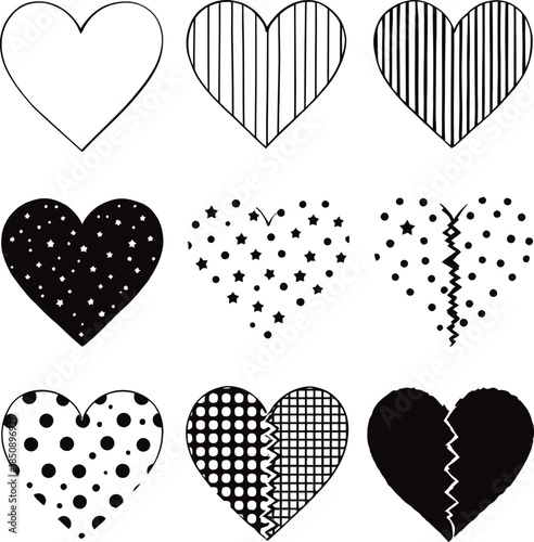 Heart icon set with 9 unique black-and-white patterns including stripes, polka dots, stars, and split designs