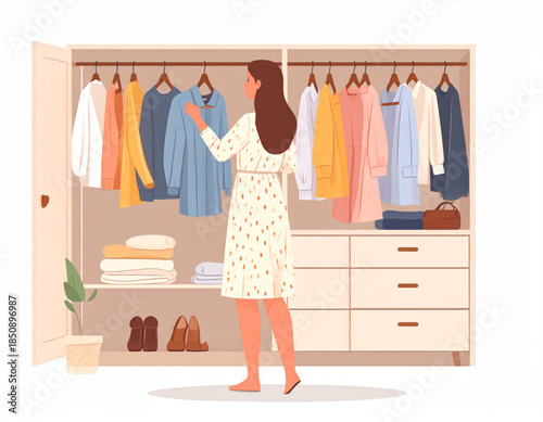 Woman choosing clothes from an open wardrobe with various garments, shoes, and folded items neatly organized.