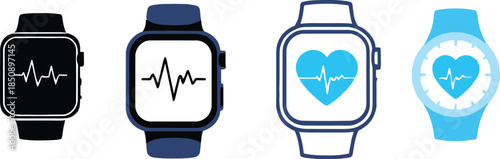 Smartwatch icon set with heart rate and ECG symbols in black, white, and blue for wearable health tech