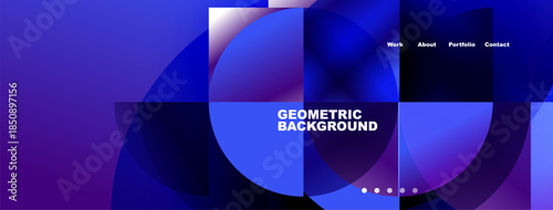 Abstract geometric design. Blue, purple gradients create circular layers. Text displays Geometric Background with navigation options above.