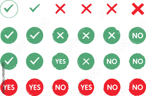 Affirmative and negative symbol set with check marks, X marks, YES/NO text in green and red circles