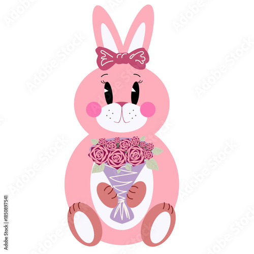Cute pink bunny with a bouquet of flowers. A rabbit with a bow on its ears holding a bouquet of roses in paws. Isolated on a white background.