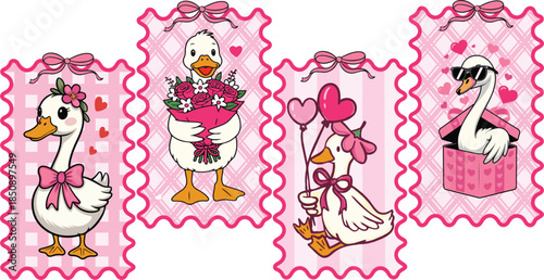 Cute Cartoon Geese Valentine's Day Postage Stamp Set Vector Illustration