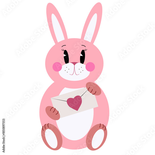 Pink cartoon rabbit isolated on a white background. Cute bunny holds envelope with a red heart.