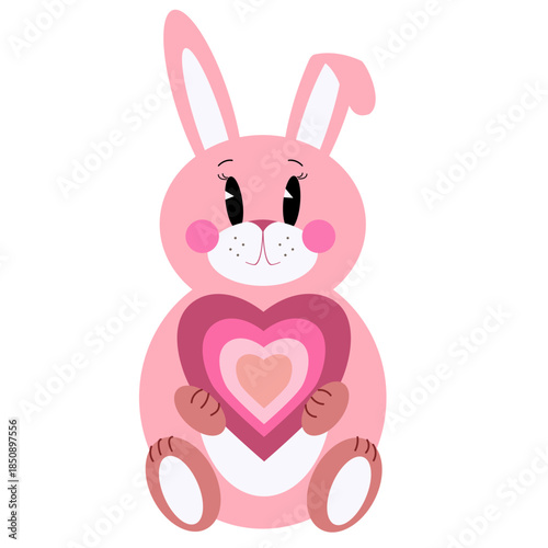 Rose cute rabbit holding big red heart. Isolated pink bunny with heart in paws.