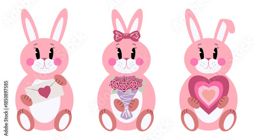 Set of cute pink rabbits isolated on white background. Cartoon bunnies for gift cards.