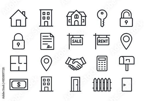 Set of simple line icons for real estate and property services featuring homes, rent and sale signs, locks, keys, contracts, and location symbols