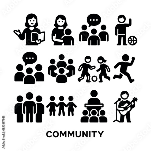 Black silhouette community icons showing social interaction, family, teamwork, conversation, sports, teaching, public speaking, and music performance