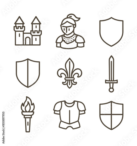 Minimal medieval icon set with castle, knight, shields, sword, fleur-de-lis, torch, and armor in outline line art style