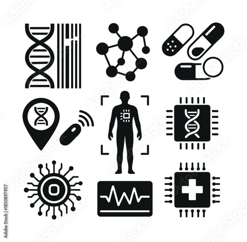 Medical biotechnology and digital health icon set featuring DNA, molecular structure, capsules, patient monitoring, microchips, virus, and diagnostics