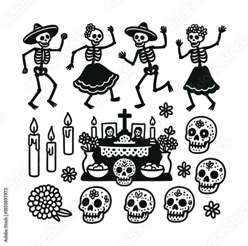 Black and white illustration of dancing skeletons with sugar skulls, candles, flowers, and an altar shrine celebration motif on a clean background