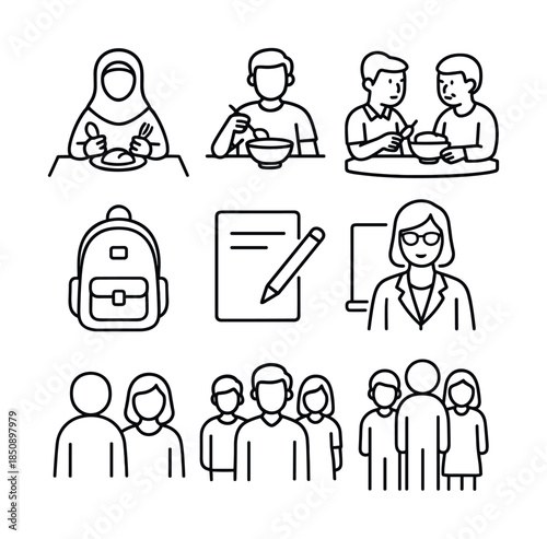 Minimal line icons of students eating, backpack, writing notes, teacher, and groups of people representing school life and classroom community