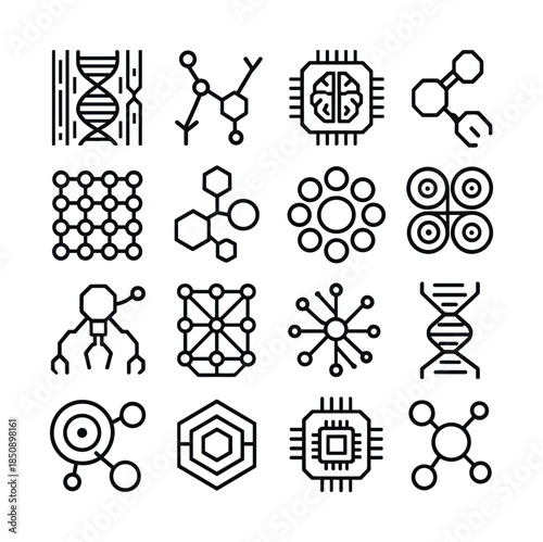 Minimal black line icon set featuring DNA strands, molecular structures, microchips, network nodes, hexagons, and scientific technology symbols