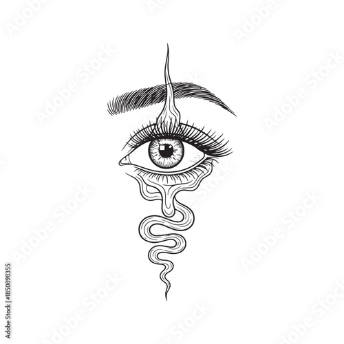 Surreal Hand Drawn Illustration of a Melting Human Eye with Wavy Smoke Lines and Dripping Liquid Concept
