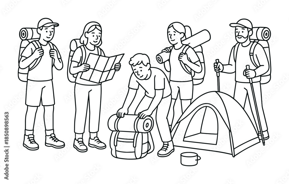 Obraz premium Outline illustration of a group of hikers camping with backpacks, map and trekking poles while setting up a tent at a wilderness campsite