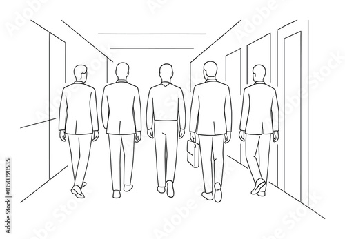 Minimal line drawing of five businesspeople walking down an office corridor from behind, one carrying a briefcase in a professional setting