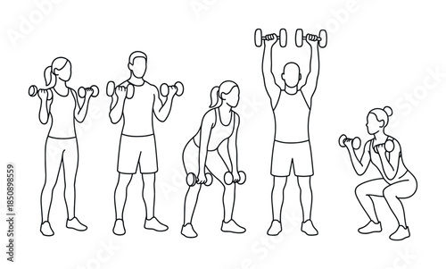 Minimal line art illustration of people performing dumbbell exercises, including bicep curls, bent-over rows, overhead press, and squat variations