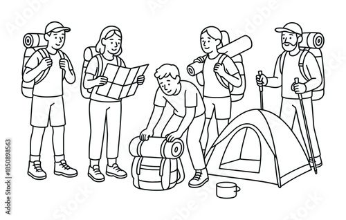 Outline illustration of a group of hikers camping with backpacks, map and trekking poles while setting up a tent at a wilderness campsite