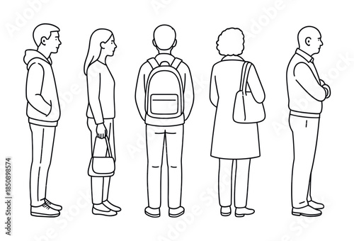 Minimal line art illustration of people standing in a queue, showing side and back views with backpacks and handbags in everyday clothing