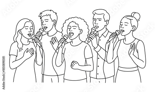 Line art illustration of five singers performing together with microphones, harmonizing as a vocal group on stage in a simple black outline style