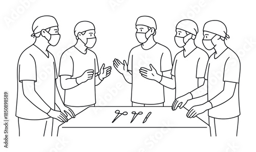Line art illustration of surgical team in masks and caps standing around operating table, discussing procedure with instruments laid out neatly