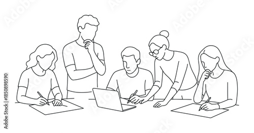 Minimal line art illustration of a team collaborating at a table, reviewing notes and a laptop while planning and brainstorming together