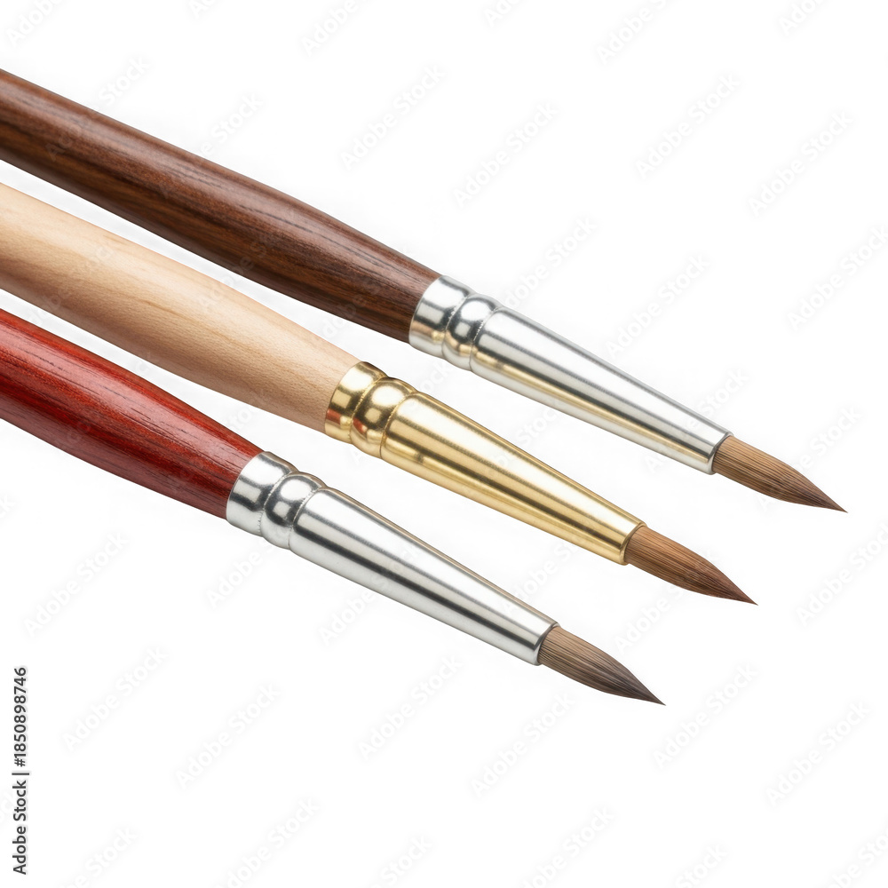 Naklejka premium Set of Three Round Artist Paint Brushes with Wooden Handles Product Shot