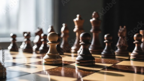 Wallpaper Mural Chessboard view, light reflects on wooden pieces. Selective focus, contrast, strategy Torontodigital.ca