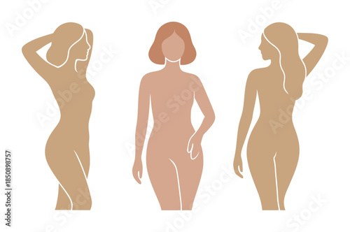 Minimalist vector illustration of three female nude silhouettes in neutral tones, showing different body shapes and confident poses on white background