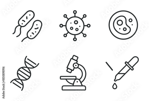 Set of simple line icons showing bacteria, virus, cell, DNA helix, microscope, and laboratory pipette for biology and microbiology research