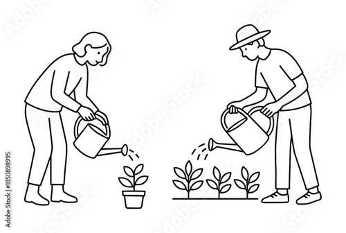 Minimal line illustration of two gardeners watering small potted and sprouting plants, showing teamwork in plant care and home gardening
