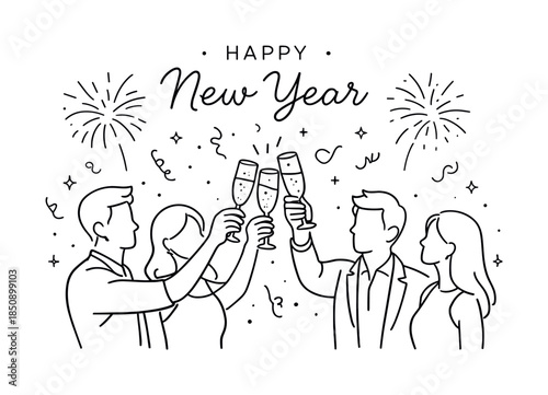 Minimal line art illustration of friends toasting with champagne flutes under fireworks and confetti during a festive happy new year celebration