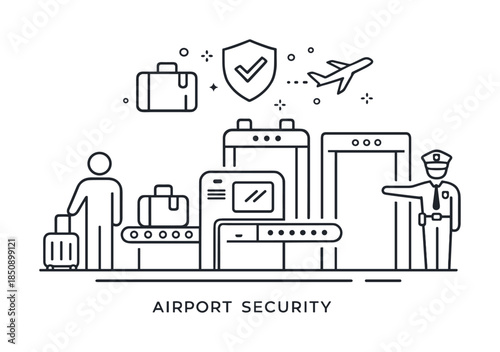 Line art illustration of airport security screening with passenger, luggage conveyor, X-ray scanners, guard, shield icon, and airplane symbol