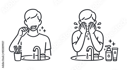 Minimal line illustration of daily bathroom hygiene routine showing a person brushing teeth and washing face at a sink with soap and skincare products