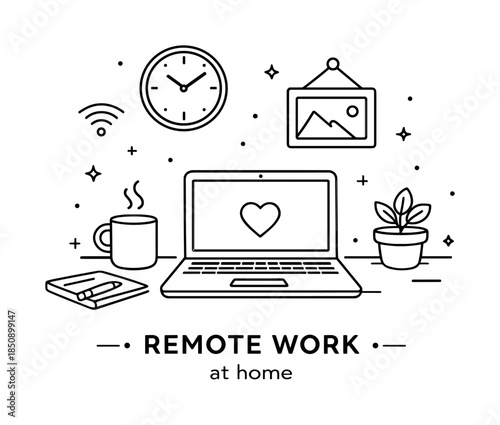 Minimal line art illustration of remote work at home with laptop, heart icon, coffee mug, clock, wifi signal, notebook, and plant