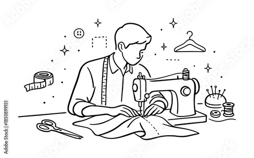 Line art illustration of a tailor sewing fabric on a sewing machine, with measuring tape, scissors, buttons, pins and thread in a workshop