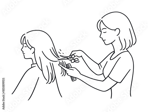Minimal line art illustration of a hairstylist cutting a woman's long hair with scissors and comb during a salon haircut service